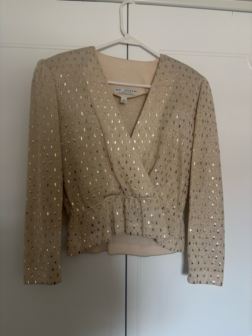 St. John Cream Sequin-Embellished Peplum Knit Jacket